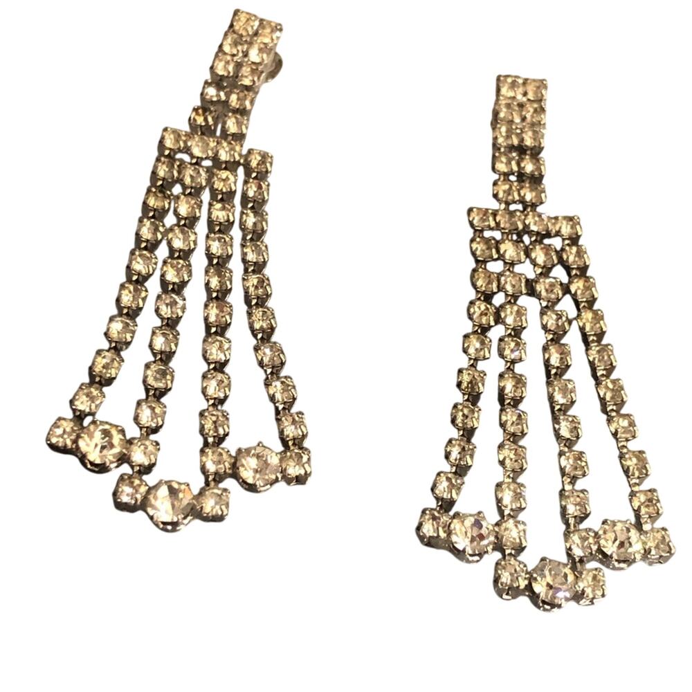 90's Vintage Rhinestone Dangle Drop Chandelier Earrings Silver Tone Post Style - Picture 15 of 16